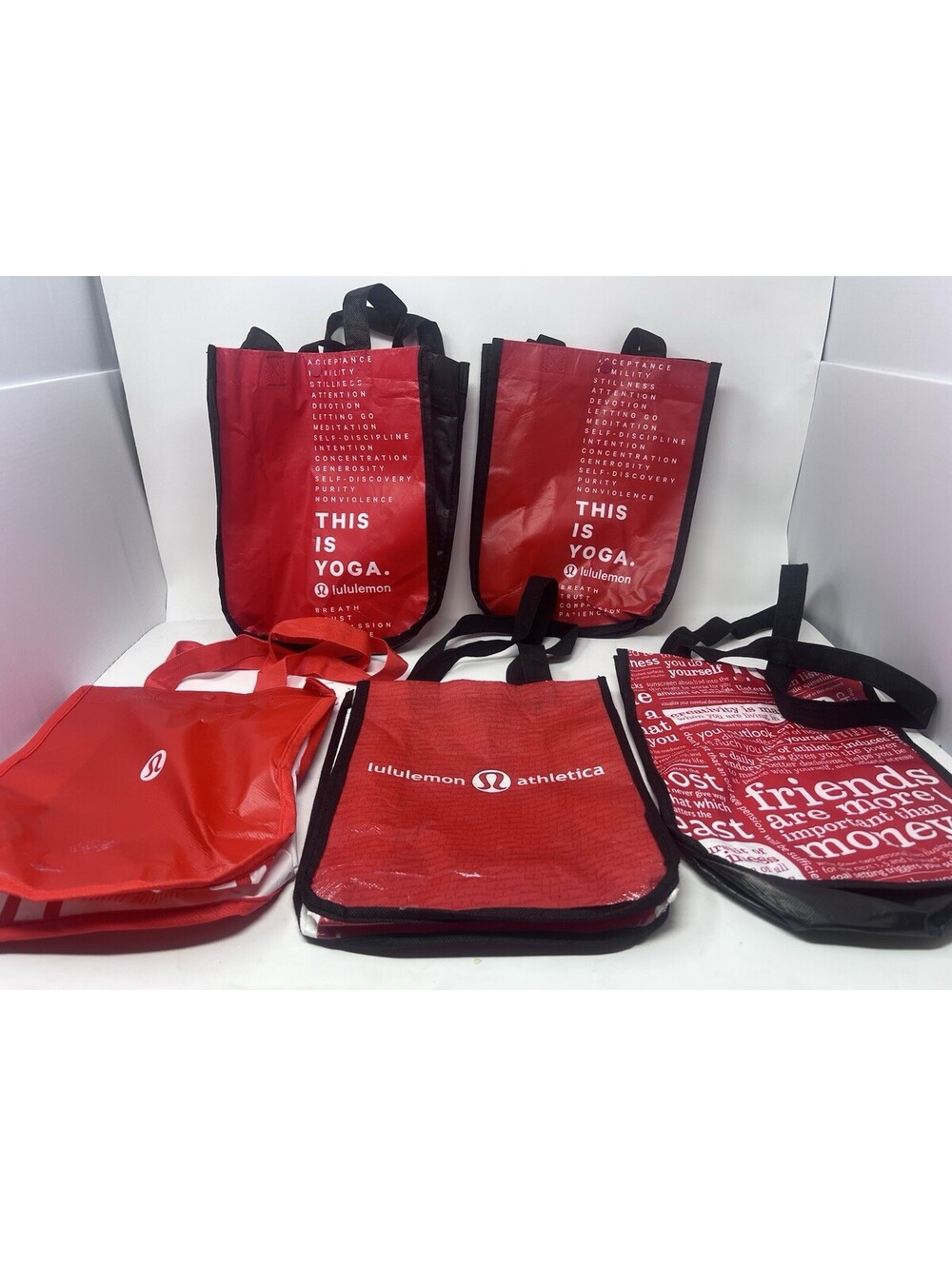 Lot of 5 Lululemon Reusable Shopping Bags Red Black Yoga Manifesto Tote friends